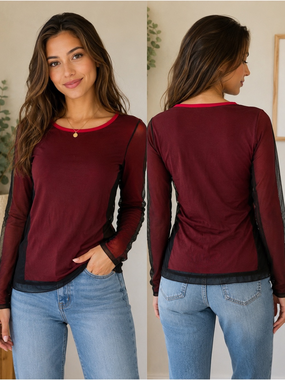 INC International Conceptsx Mesh Overlay Red & Black Long Sleeve Top Sz M
